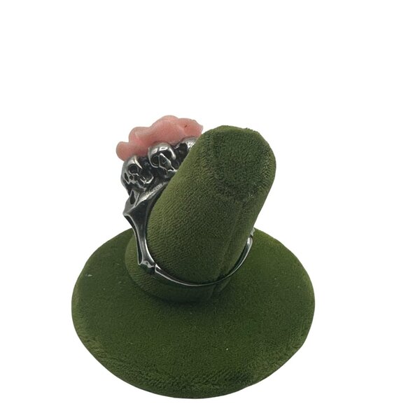 Gothic Pink Rose Skull-Themed Ring With Silver Band - Picture 3 of 7